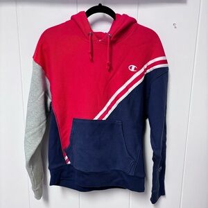 Champion Reverse Weave Red/Grey/Blue Color Block Hoodie Unisex Size Large